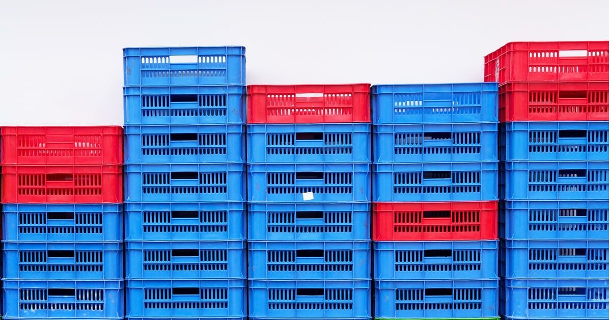 Bread crates stacked in columns.